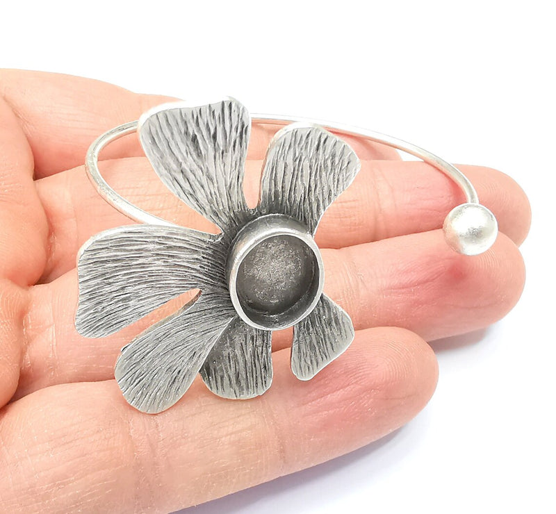 Leaf Bracelet Blank, Wire Wrapped Cuff, Bangle Bezel, Resin Blank, Wristband Cabochon Base, Adjustable Antique Silver Brass (14x10mm) G34916