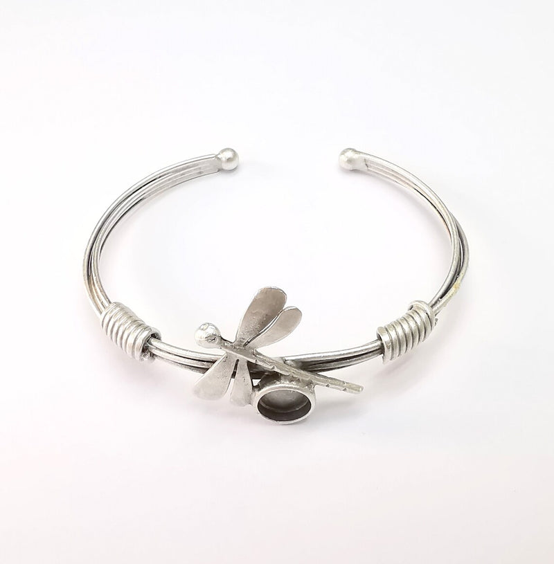 Dragonfly Bracelet, Wire Wrapped Cuff, Bangle Bezel, Resin Blank, Wristband Cabochon Base, Adjustable Antique Silver Brass (8mm) G34917