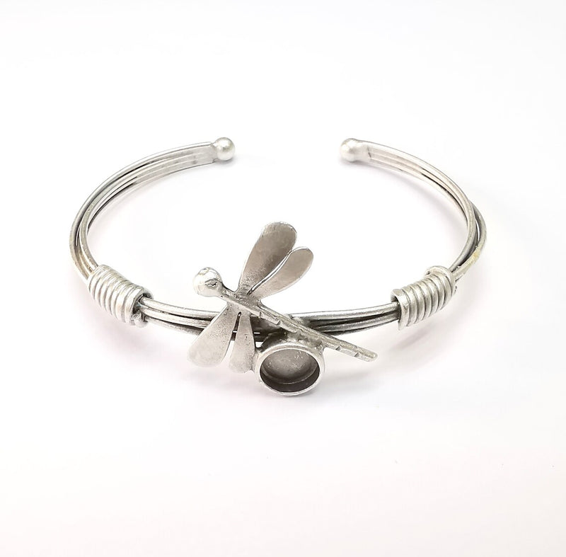 Dragonfly Bracelet, Wire Wrapped Cuff, Bangle Bezel, Resin Blank, Wristband Cabochon Base, Adjustable Antique Silver Brass (8mm) G34917