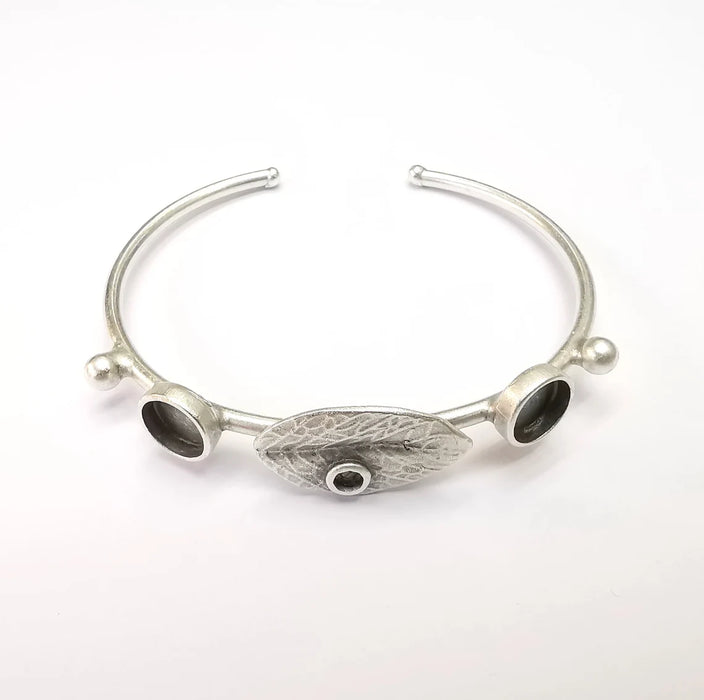 Leaf Bracelet Blank, Wire Wrapped Cuff, Bangle Bezel, Resin Blank, Wristband Cabochon Base, Adjustable Antique Silver Brass (8mm) G34925