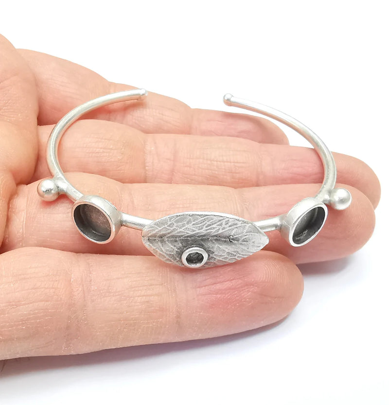 Leaf Bracelet Blank, Wire Wrapped Cuff, Bangle Bezel, Resin Blank, Wristband Cabochon Base, Adjustable Antique Silver Brass (8mm) G34925