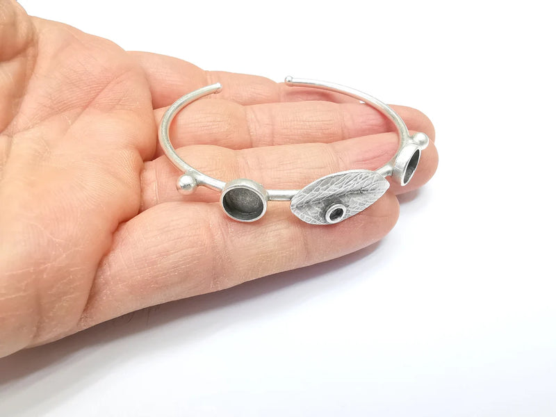 Leaf Bracelet Blank, Wire Wrapped Cuff, Bangle Bezel, Resin Blank, Wristband Cabochon Base, Adjustable Antique Silver Brass (8mm) G34925