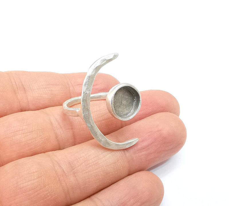 Crescent Ring Setting, Moon Ring, Celestial Ring, Cabochon Blank, Resin Bezel Frame, Adjustable Antique Silver Plated Brass 10mm G34940