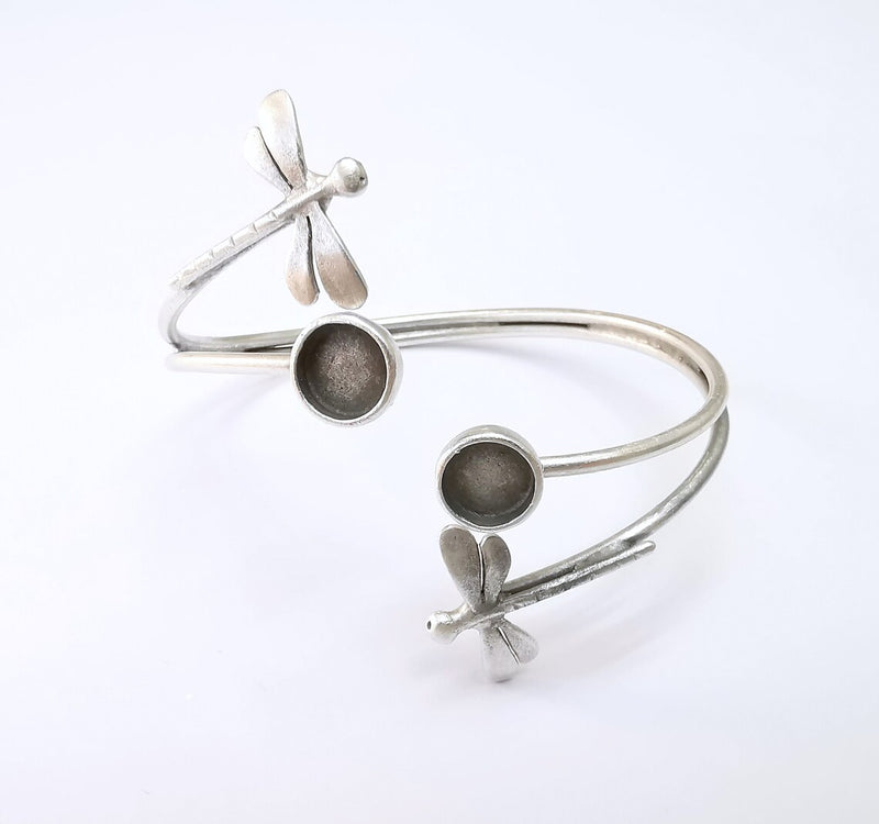 Wire Dragonfly Bracelet Bezel, Wrap Cuff Resin Blank, Wristband Base, Cabochon Mounting, Adjustable Antique Silver Plated Brass 8mm G34941