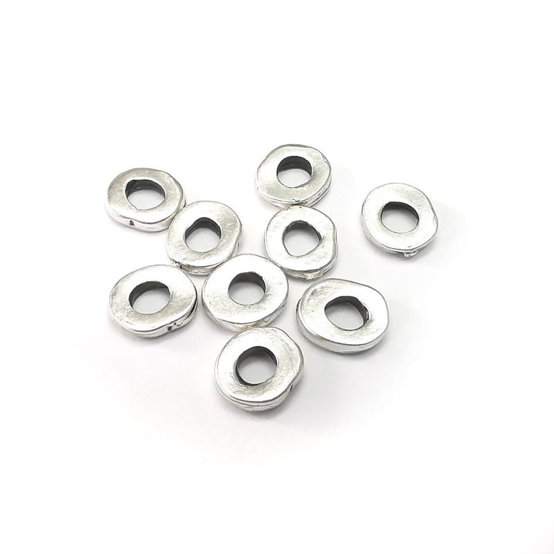 10 Round Beads, Hoop Connector, Discs Findings, Antique Silver Plated (9mm) G35008