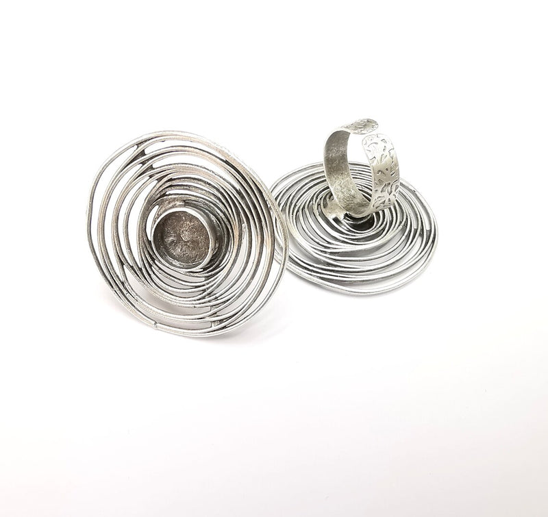 Circled Ring Setting, Cabochon Blank, Resin Bezel, Ring Mounting, Epoxy Frame, Adjustable Antique Silver Plated Brass 12mm G35224