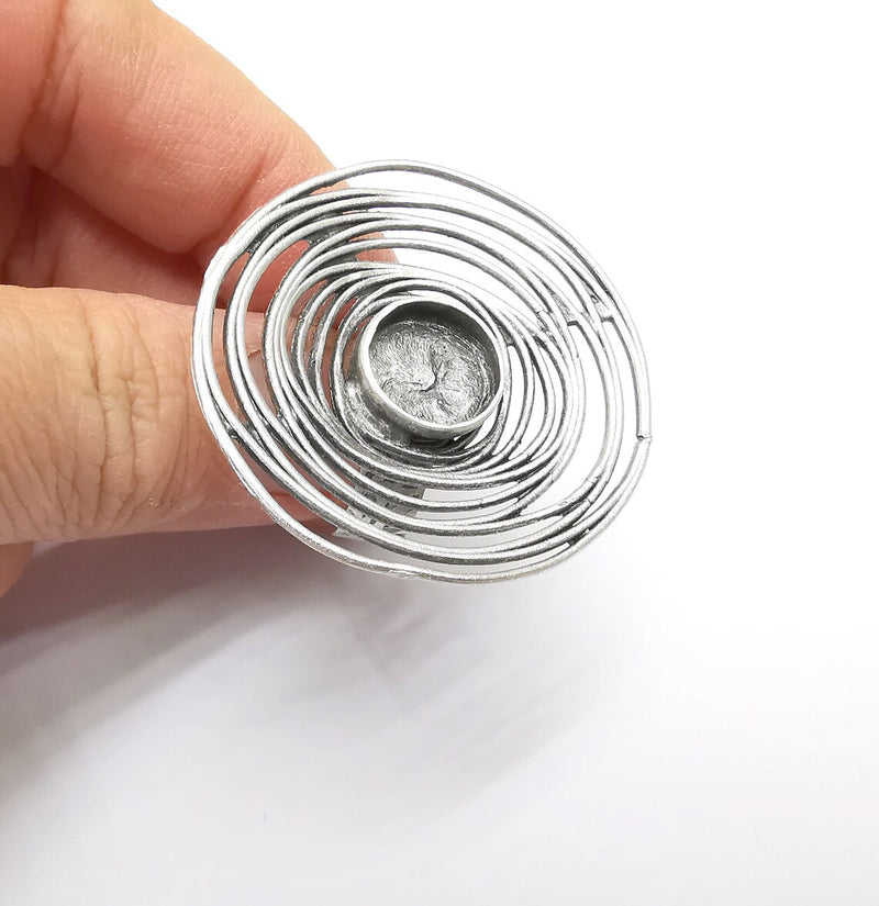 Circled Ring Setting, Cabochon Blank, Resin Bezel, Ring Mounting, Epoxy Frame, Adjustable Antique Silver Plated Brass 12mm G35224