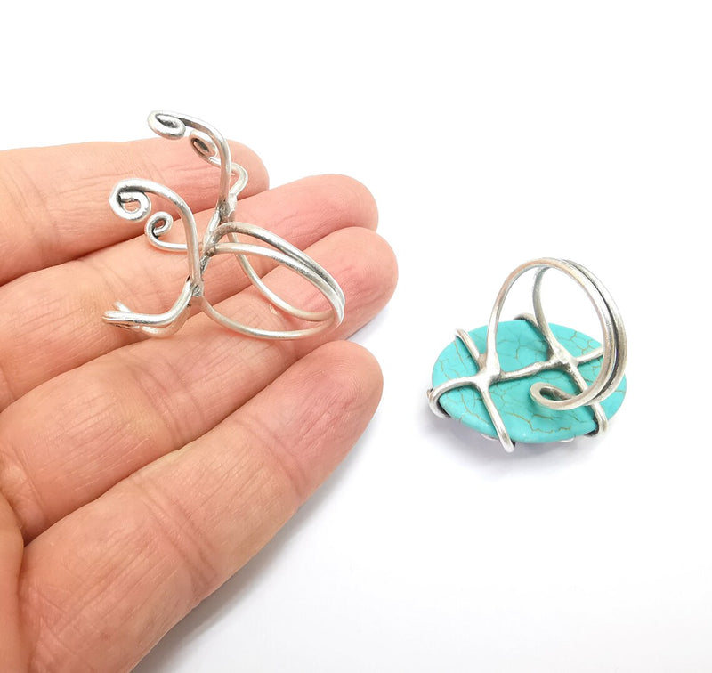 Silver Claw Ring Setting, Cabochon Blank, Resin Bezel, Oval Mounting, Claw Frame Base, Adjustable Antique Silver Plated Brass 35x25mm G35225