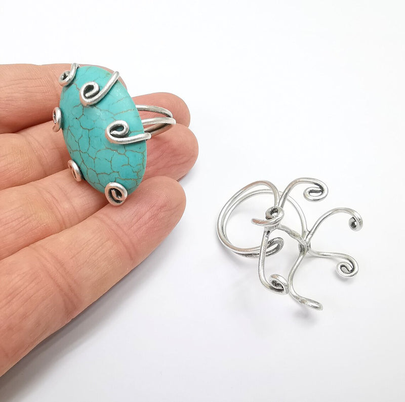 Silver Claw Ring Setting, Cabochon Blank, Resin Bezel, Oval Mounting, Claw Frame Base, Adjustable Antique Silver Plated Brass 35x25mm G35225