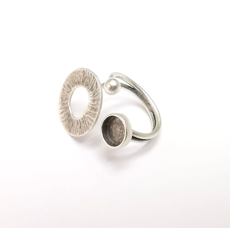 Silver Ring Setting, Cabochon Blank, Resin Bezel, Round Ring Mounting, Epoxy Frame Base, Adjustable Antique Silver Plated Brass 8mm G35226