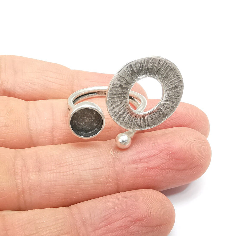 Silver Ring Setting, Cabochon Blank, Resin Bezel, Round Ring Mounting, Epoxy Frame Base, Adjustable Antique Silver Plated Brass 8mm G35226