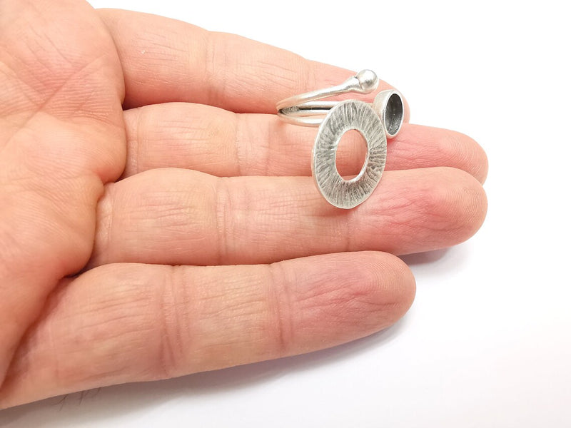 Silver Ring Setting, Cabochon Blank, Resin Bezel, Round Ring Mounting, Epoxy Frame Base, Adjustable Antique Silver Plated Brass 8mm G35226