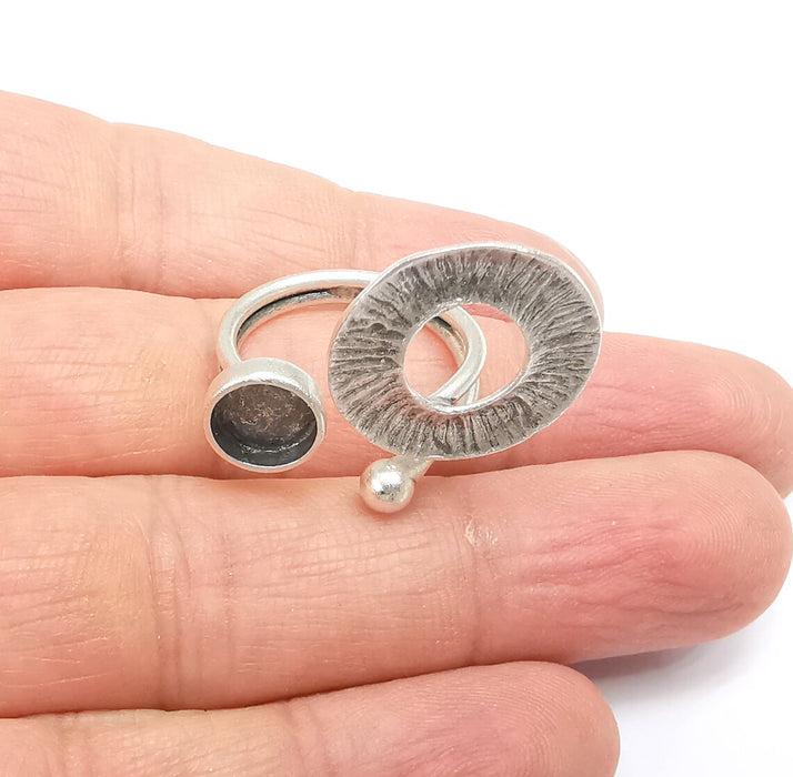 Silver Ring Setting, Cabochon Blank, Resin Bezel, Round Ring Mounting, Epoxy Frame Base, Adjustable Antique Silver Plated Brass 8mm G35226