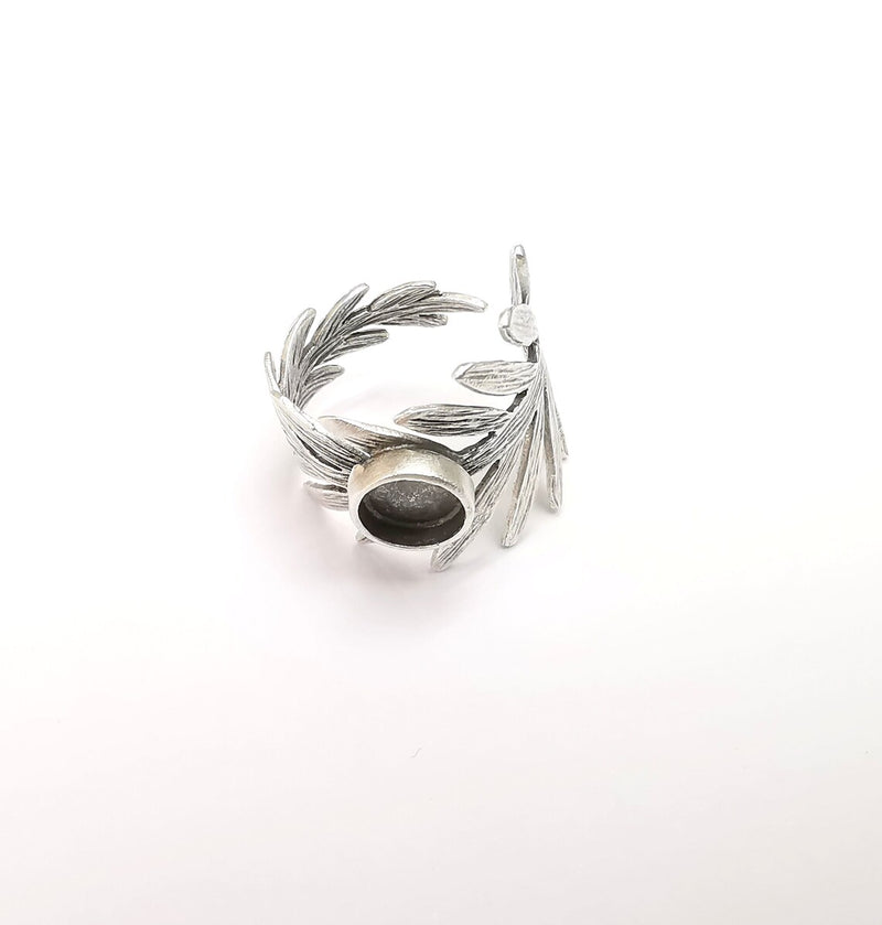 Leaf Ring Setting, Cabochon Blank, Resin Bezel, Round Ring Mounting, Epoxy Frame Base, Adjustable Antique Silver Plated Brass 8mm G35228