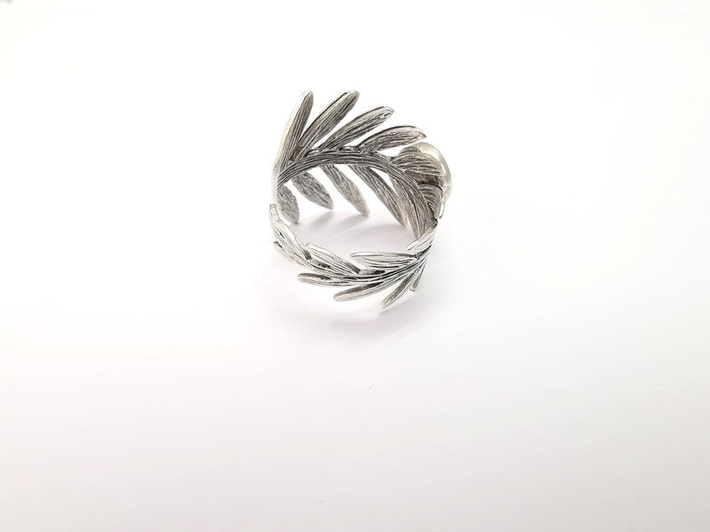 Leaf Ring Setting, Cabochon Blank, Resin Bezel, Round Ring Mounting, Epoxy Frame Base, Adjustable Antique Silver Plated Brass 8mm G35228