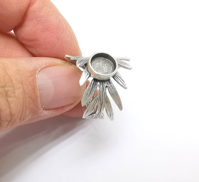 Leaf Ring Setting, Cabochon Blank, Resin Bezel, Round Ring Mounting, Epoxy Frame Base, Adjustable Antique Silver Plated Brass 8mm G35228