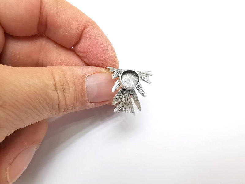 Leaf Ring Setting, Cabochon Blank, Resin Bezel, Round Ring Mounting, Epoxy Frame Base, Adjustable Antique Silver Plated Brass 8mm G35228