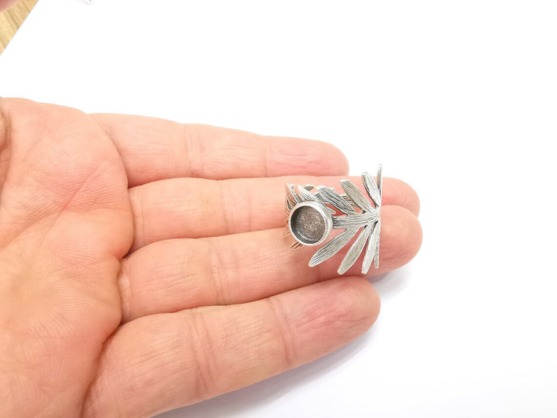 Leaf Ring Setting, Cabochon Blank, Resin Bezel, Round Ring Mounting, Epoxy Frame Base, Adjustable Antique Silver Plated Brass 8mm G35228