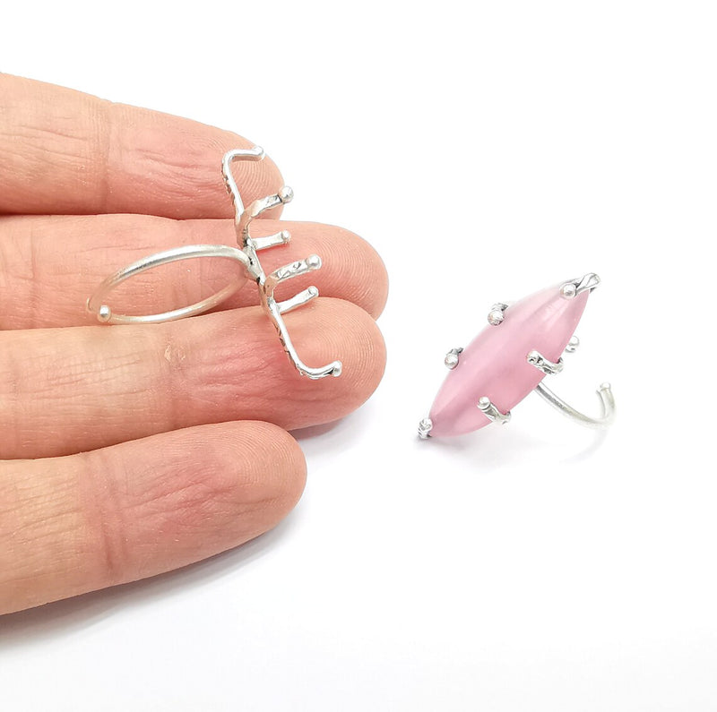 Silver Claw Ring Setting, Cabochon Blank, Resin Bezel, Oval Mounting, Claw Frame Base, Adjustable Antique Silver Plated Brass 30x10mm G35238