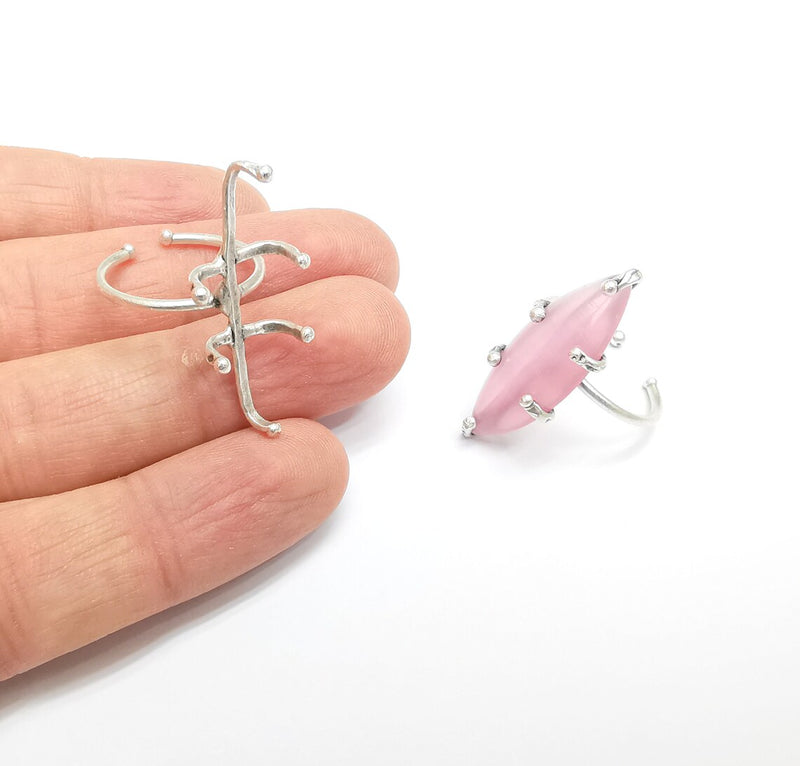 Silver Claw Ring Setting, Cabochon Blank, Resin Bezel, Oval Mounting, Claw Frame Base, Adjustable Antique Silver Plated Brass 30x10mm G35238