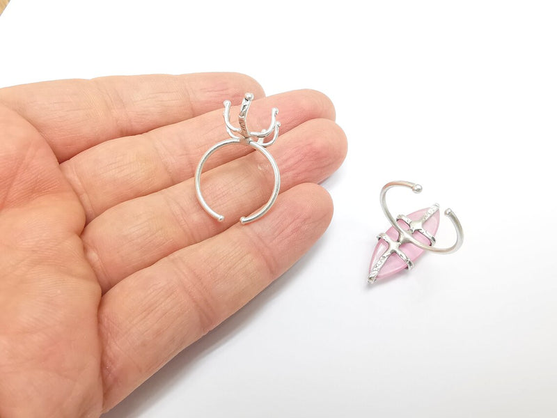 Silver Claw Ring Setting, Cabochon Blank, Resin Bezel, Oval Mounting, Claw Frame Base, Adjustable Antique Silver Plated Brass 30x10mm G35238