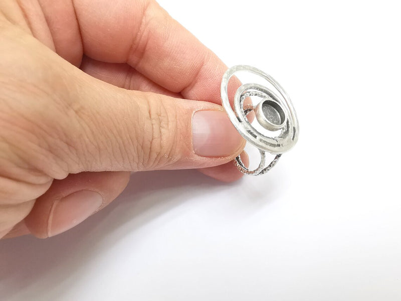 Circled Ring Setting, Cabochon Blank, Resin Bezel, Ring Mounting, Epoxy Frame, Adjustable Antique Silver Plated Brass 8mm G35239