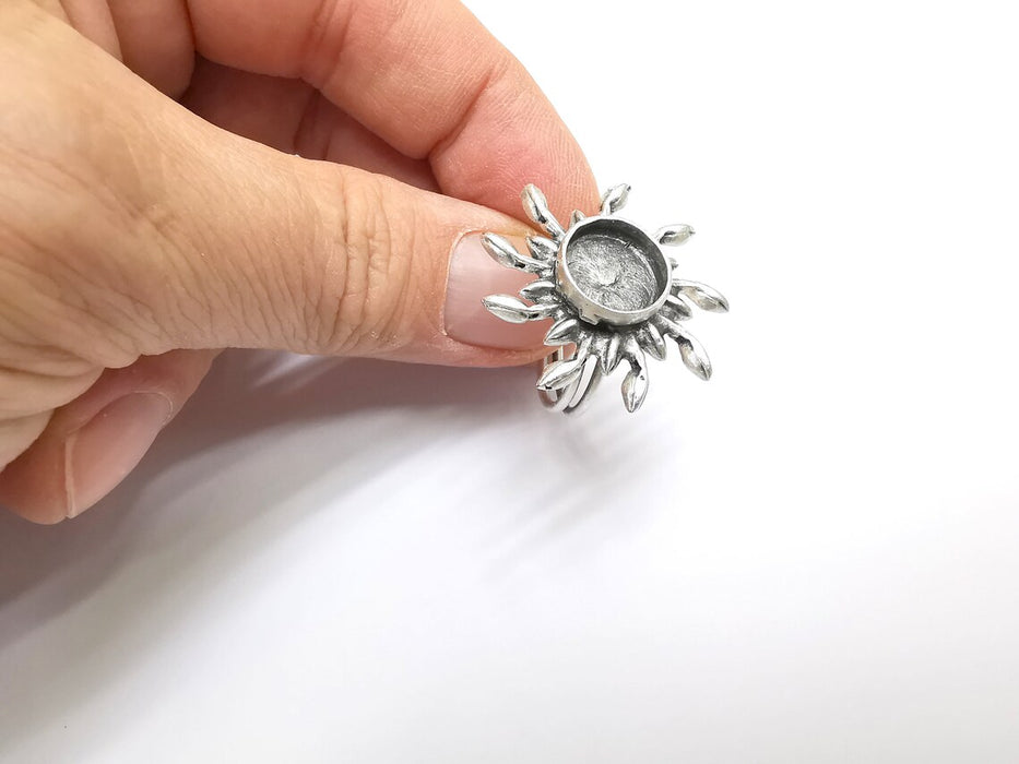 Sun Ring Setting, Sunshine Ring, Cabochon Blank, Resin Bezel, Ring Mounting, Epoxy Frame, Adjustable Antique Silver Plated Brass 12mm G35240