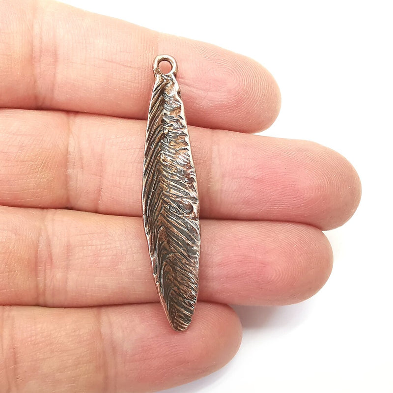 Feather Charms, Boho Charms, Leaf Charms, Dangle Earring Charms, Copper Pendant, Necklace Parts, Antique Copper Plated 51x10mm G35251