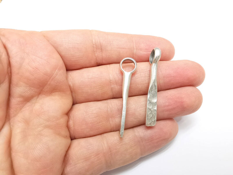 2 Hammered Charms, Boho Charms, Stalactite Charms, Dangle Earring Charms, Silver Pendant, Necklace Parts, Antique Silver Plated 43x6mm G35078
