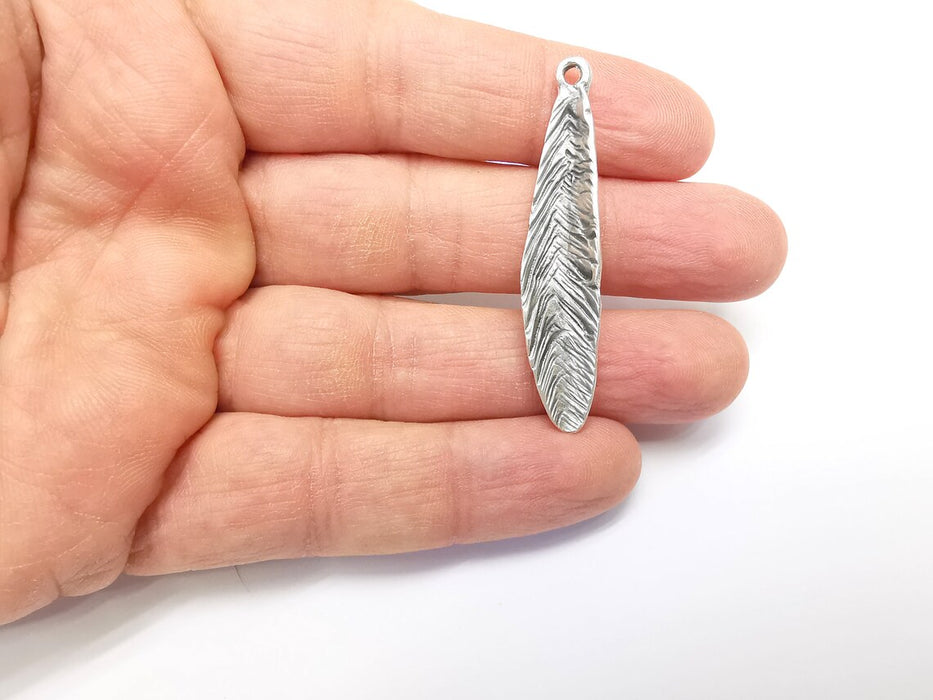 Feather Charms, Boho Charms, Leaf Charms, Dangle Earring Charms, Silver Pendant, Necklace Parts, Antique Silver Plated 51x10mm G35109