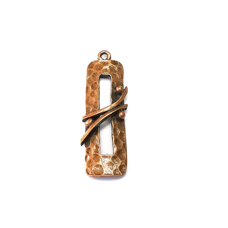 Hammered Charms, Rectangle Charms, Ethnic Earring Charms, Copper Rustic Pendant, Necklace Parts, Antique Copper Plated 47x15mm G35112