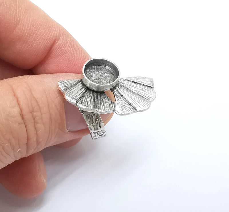 Leaf Ring Setting, Cabochon Blank, Resin Bezel, Round Ring Mounting, Epoxy Frame Base, Adjustable Antique Silver Plated Brass 10mm G35276