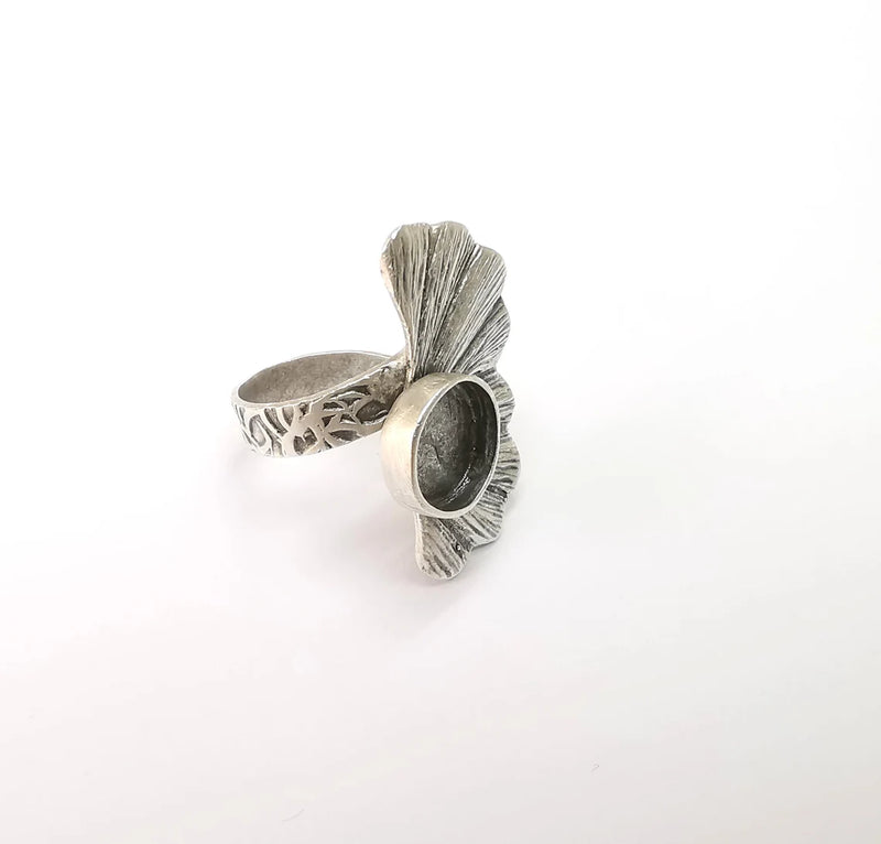 Leaf Ring Setting, Cabochon Blank, Resin Bezel, Round Ring Mounting, Epoxy Frame Base, Adjustable Antique Silver Plated Brass 10mm G35276