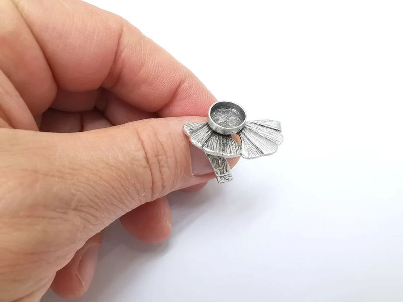 Leaf Ring Setting, Cabochon Blank, Resin Bezel, Round Ring Mounting, Epoxy Frame Base, Adjustable Antique Silver Plated Brass 10mm G35276