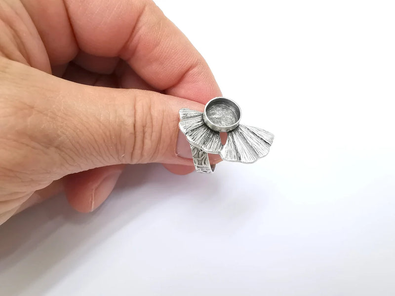 Leaf Ring Setting, Cabochon Blank, Resin Bezel, Round Ring Mounting, Epoxy Frame Base, Adjustable Antique Silver Plated Brass 10mm G35276