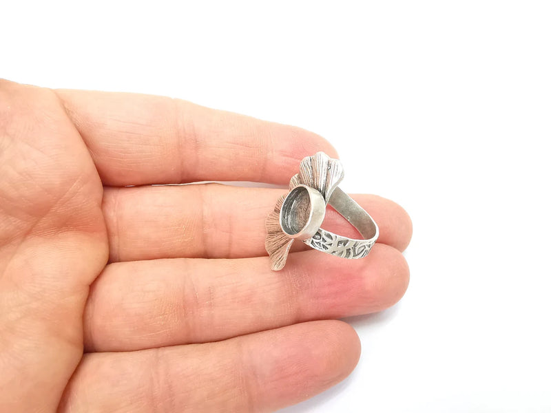 Leaf Ring Setting, Cabochon Blank, Resin Bezel, Round Ring Mounting, Epoxy Frame Base, Adjustable Antique Silver Plated Brass 10mm G35276