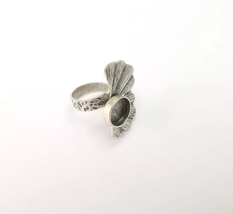 Leaf Ring Setting, Cabochon Blank, Resin Bezel, Round Ring Mounting, Epoxy Frame Base, Adjustable Antique Silver Plated Brass 10mm G35276