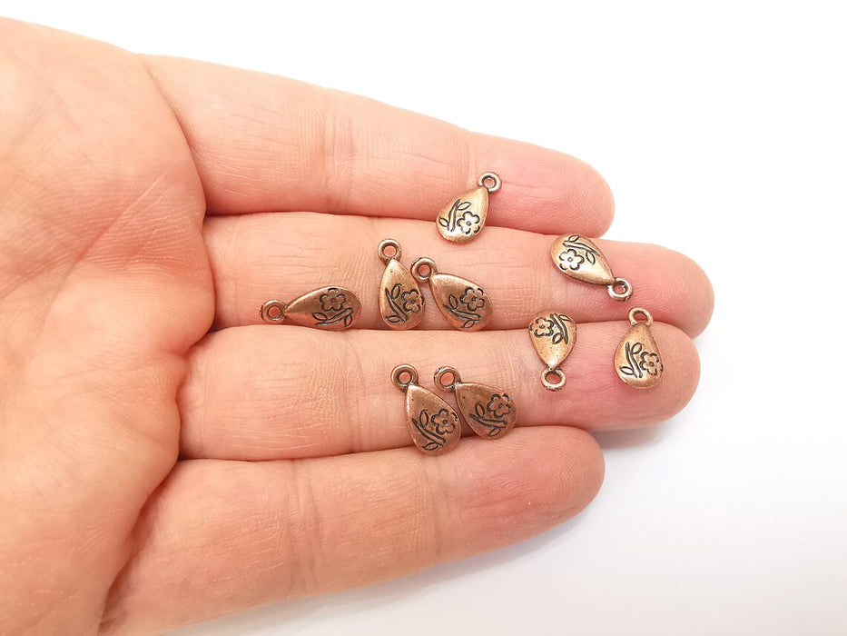 10 Copper Flower Charms, Boho Charms, Dangle Charms, Earring Charms, Rustic Charms, Necklace Parts, Antique Copper Plated 14x7mm G35360