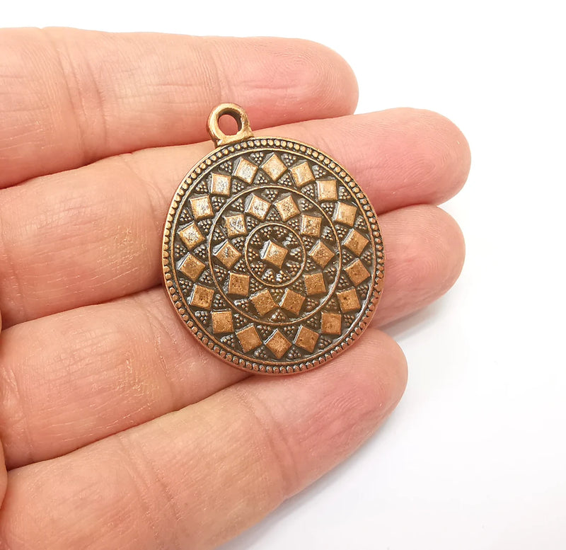 Copper Mandala Charms, Medallion Charms, Locket Pendant, Earring Charms, Boho Charms, Round Charms, Antique Copper Plated (39x32mm) G35378