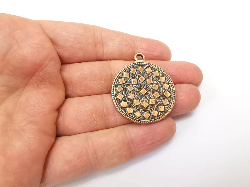 Copper Mandala Charms, Medallion Charms, Locket Pendant, Earring Charms, Boho Charms, Round Charms, Antique Copper Plated (39x32mm) G35378