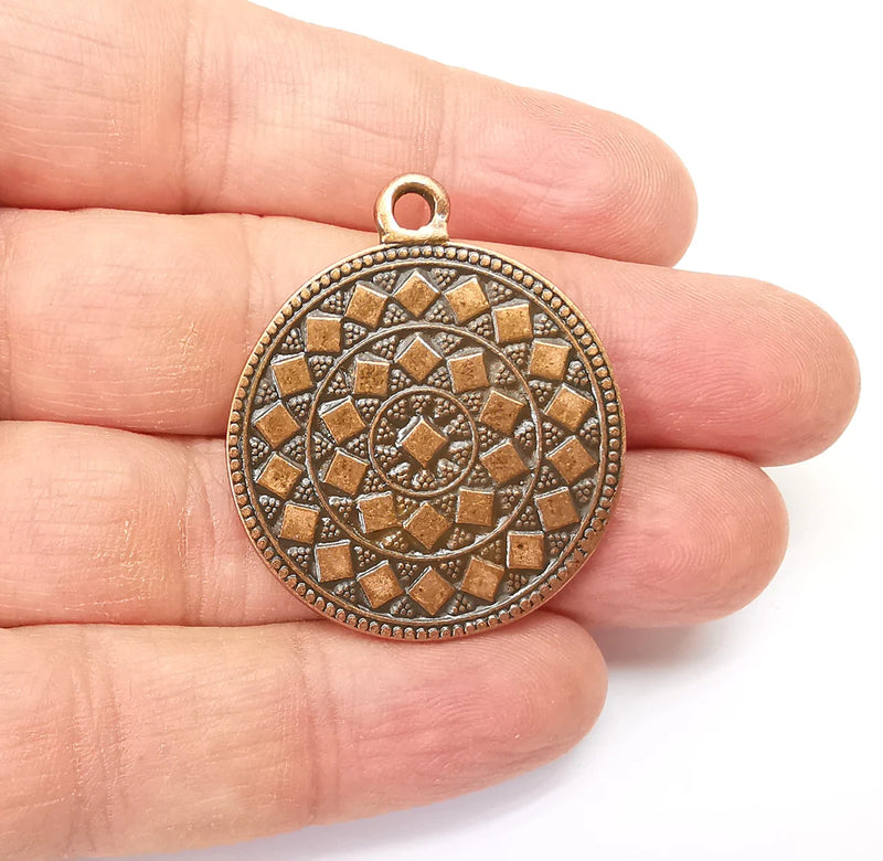 Copper Mandala Charms, Medallion Charms, Locket Pendant, Earring Charms, Boho Charms, Round Charms, Antique Copper Plated (39x32mm) G35378