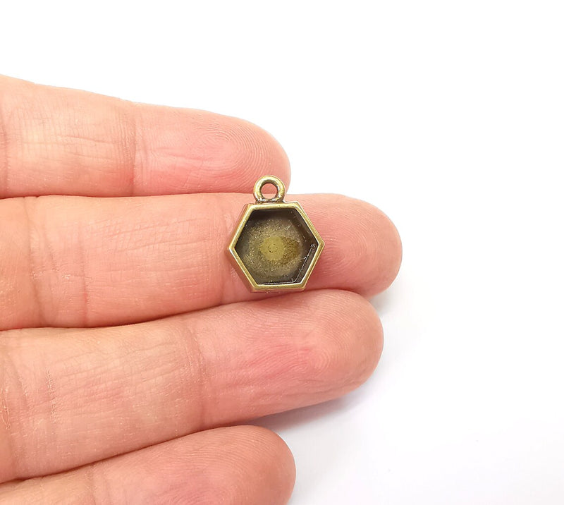5 Hexagonal Pendant Blanks, Resin Bezel Bases, Mosaic Mountings, Dry flower Frame, Polymer Clay base, Antique Bronze Plated (10mm) G35380