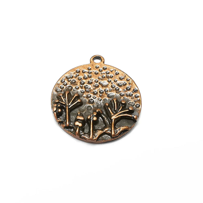 Copper Tree Charms, Round Baroque Charms, Nature Earring Charms, Copper Rustic Pendant, Necklace Parts, Antique Copper Plated 28x25mm G35377