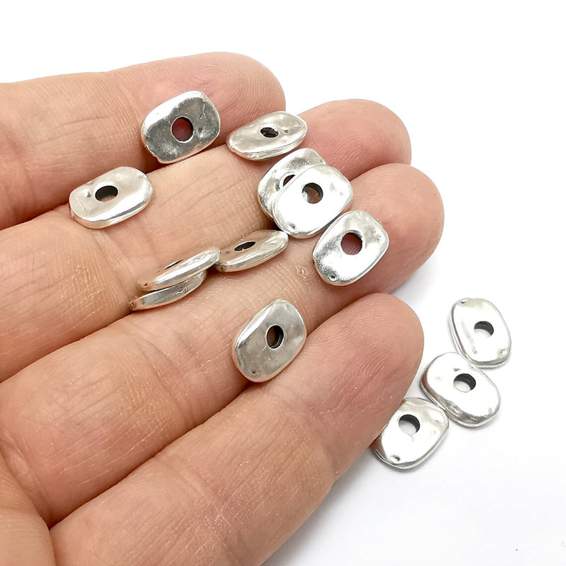 10 Hammered Disc, Middle Hole Charms, Rectangle Antique Silver Plated Charms (12x8mm) G35194