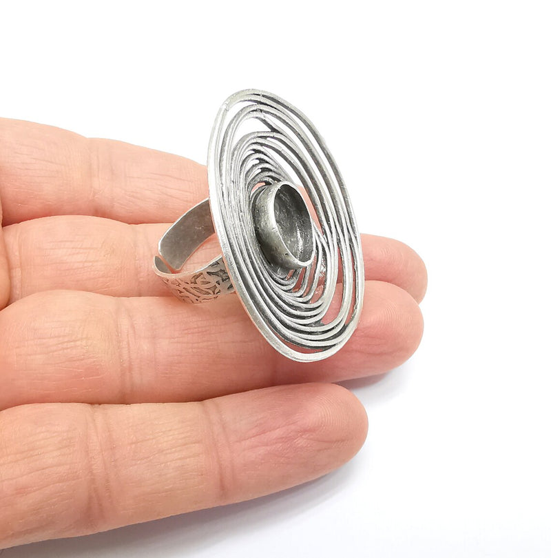 Circled Ring Setting, Cabochon Blank, Resin Bezel, Ring Mounting, Epoxy Frame, Adjustable Antique Silver Plated Brass 12mm G35224