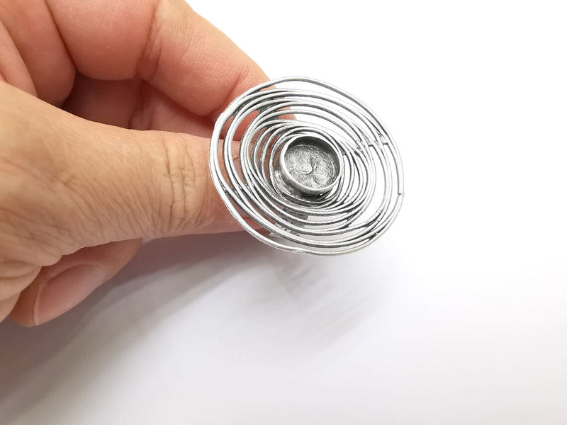 Circled Ring Setting, Cabochon Blank, Resin Bezel, Ring Mounting, Epoxy Frame, Adjustable Antique Silver Plated Brass 12mm G35224
