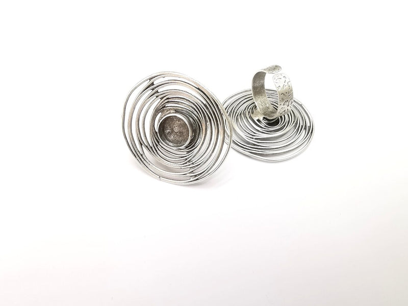 Circled Ring Setting, Cabochon Blank, Resin Bezel, Ring Mounting, Epoxy Frame, Adjustable Antique Silver Plated Brass 12mm G35224