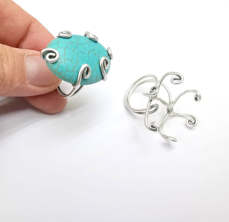 Silver Claw Ring Setting, Cabochon Blank, Resin Bezel, Oval Mounting, Claw Frame Base, Adjustable Antique Silver Plated Brass 35x25mm G35225