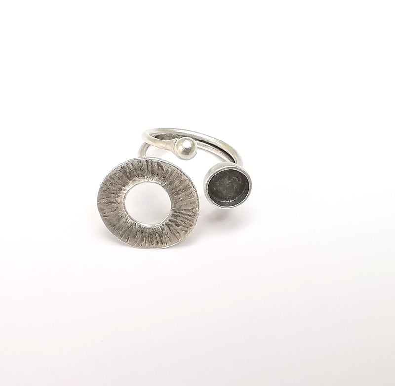 Silver Ring Setting, Cabochon Blank, Resin Bezel, Round Ring Mounting, Epoxy Frame Base, Adjustable Antique Silver Plated Brass 8mm G35226