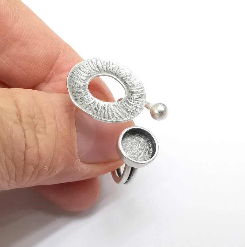 Silver Ring Setting, Cabochon Blank, Resin Bezel, Round Ring Mounting, Epoxy Frame Base, Adjustable Antique Silver Plated Brass 8mm G35226